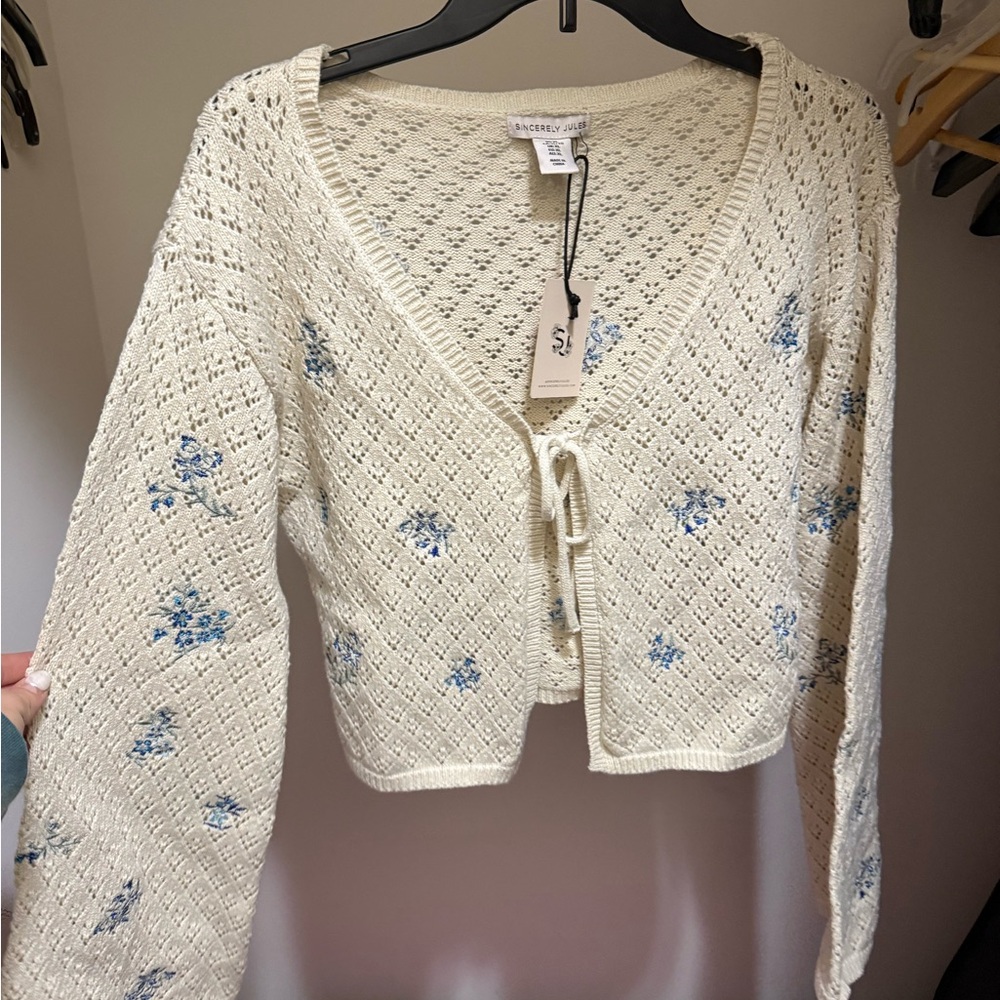 Cream and Blue Embroidered Women's Sweater